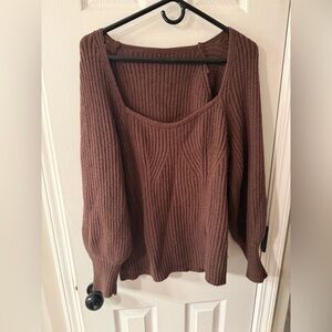 Women's Brown Ribbed Scoop Neck Sweater